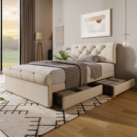 CHICFURN Letto 90x200 cm naturale con 2 cassetti e testiera regolabile, senza materasso (1/5)