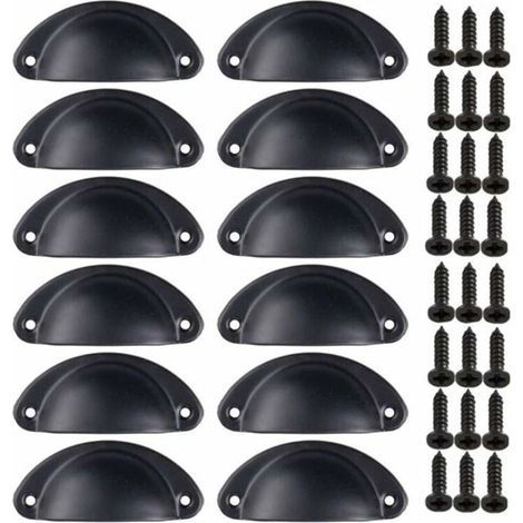 Ensemble de 12 poignées vintage en forme de coquillage, en fer noir, 81 × 35 mm, entraxe de 65 mm + 24 vis (1/5)