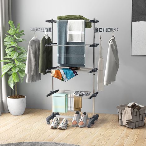 Tendedero plegable de acero inoxidable y plástico, tendedero vertical extensible que ahorra espacio, con 6 ruedas, ganchos y 4 estantes ajustables para uso en interiores, 142 x 55 x 172 cm, gris plata