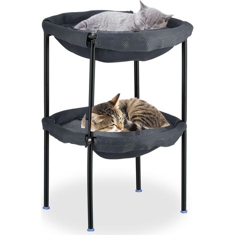 Relaxdays Katzenhängematte, 2 Etagen, erhöhter Katzenhängesessel, HBT: 59x41x43 cm, Doppel-Katzenbett, grau/schwarz