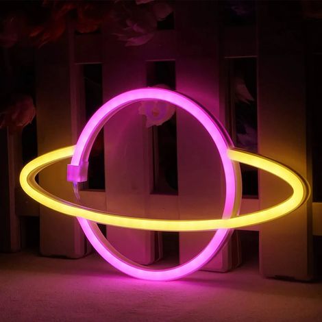 LED-Neon-Leuchtschild, batteriebetrieben, pink-gelbes Planetenschild, Heim-Nachtlicht, Wanddekoration, rosa-gelbes Schild