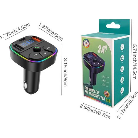 New C19 Car Charger with Dual USB Port, Type-C, Bluetooth, MP3, USB Flash Drive, Hands-free Calling, FM Transmitter -- C19 with Color Box (1/3)