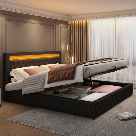 Bett Doppelbett Stauraum 140x190 LED PU Schwarz OKMYHOME (1/5)