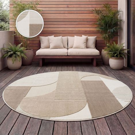 Paco Home Outdoor Teppich Wetterfest Balkon Wohnzimmer Skandinavisches Boho Einfarbig 160 cm Rund, Beige 2