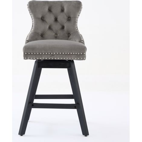 Tabourets de bar pivotants en velours gris avec dossier capitonné et pieds en bois massif, lot de 2 (1/5)