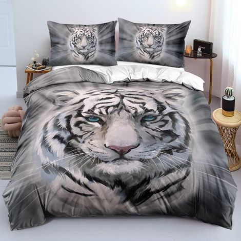 3D Bettwäsche 200x200 cm mit Tiger Motiv, Mikrofaser, 3-teilig, Weiß/Grau