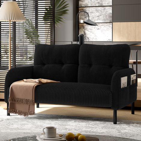 Divano Dritto 2 Posti in Velluto A Coste con Schienale Ergonomico e Tasca Laterale, Struttura in Metallo, Nero