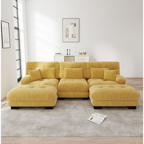 Divano modulare a U 313×145×81 cm in ciniglia gialla con pouf mobili - MEUBLIV (1/5)