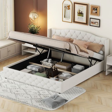 Lit coffre rembourré en lin beige 180x200 cm avec rangement hydraulique et sommier à lattes (1/5)