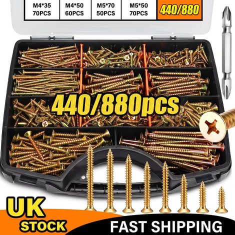 880PCS Kit Assortiment Vis à Bois Tête Fraisée TF Cruciforme Phillips M3.5 M4 M5 – Zingué Jaune Bichromaté Classe 4.8 – Vis Autotaraudeuses Placo Agglo + Embout Boîte (1/4)