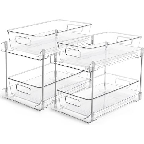 Lot de 2 organisateurs sous évier, rangement de salle de bain à 2 niveaux, système coulissant avec rail pour garde-manger et cuisine (1/5)
