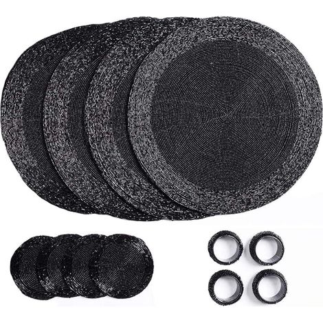 Penguin Home® - Set di 12 tovagliette, sottobicchieri e portatovaglioli con perline di vetro, colore nero, tovagliette rotonde, realizzate a mano da abili artigiani indiani, diametro 32 cm (1/4)