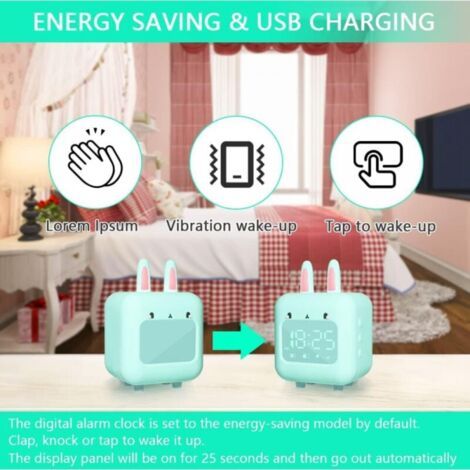 Sveglia digitale verde per bambini, coniglio con luce notturna, timer e snooze, orologio da comodino ricaricabile tramite USB per cameretta dei bambini, regalo per la scuola (1/4)