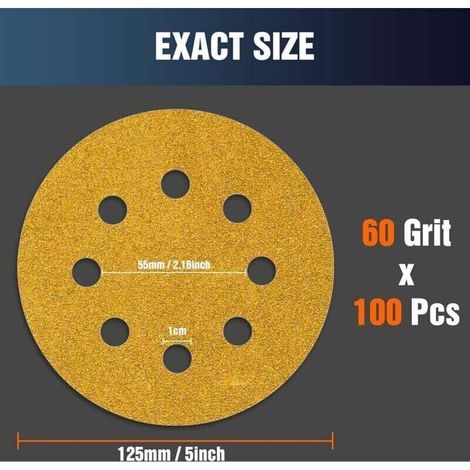 Disque Poncage 125mm Grain 60 Papier Poncer 80pcs Disques Abrasif pour Ponceuse Excentrique Papier de Verre (1/3)