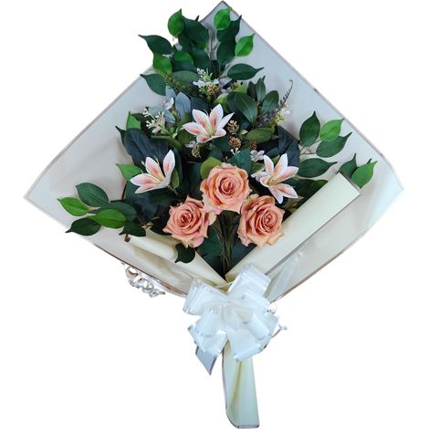 Bouquet de Fleurs artificielles pour cimetière à Mettre dans Un Pot, Un Vase ou sur Une Tombe 73 x 63 x 20 cm (lys et Roses Oranges) (1/5)