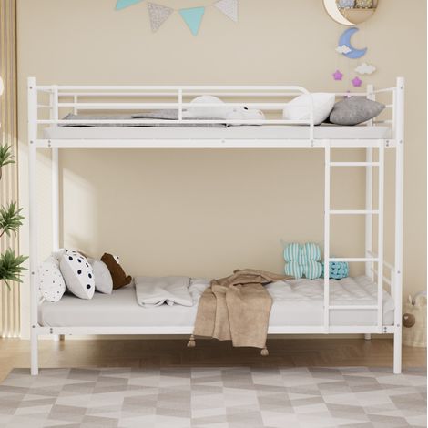 Cama litera metálica 90x190 cm blanca con escalera y barandilla alta OKWISH (1/5)