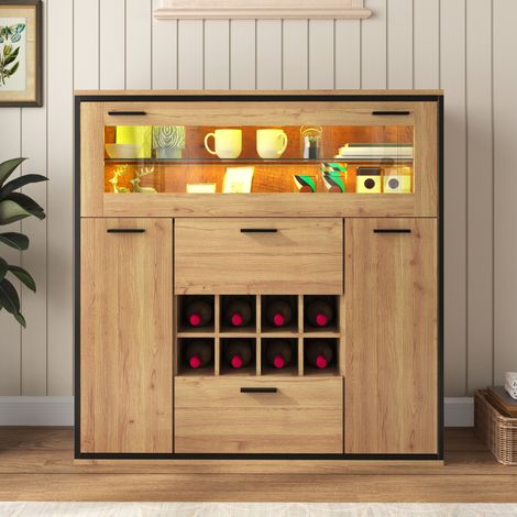 Aparador con botellero 110 x 38 x 111 cm, LED 16 colores, natural y negro DESVIAE (1/5)