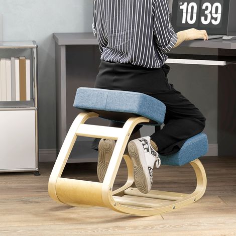 Ergonomischer Kniestuhl mit Wippfunktion, moderner gepolsterter Stuhl aus Birkenholz und Polyester, 51 x 69 x 58 cm, Blau