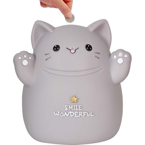 Tirelire kawaii en résine gris 15x13x11 cm, grande capacité, bouchon bas rotatif, déco enfant (1/4)