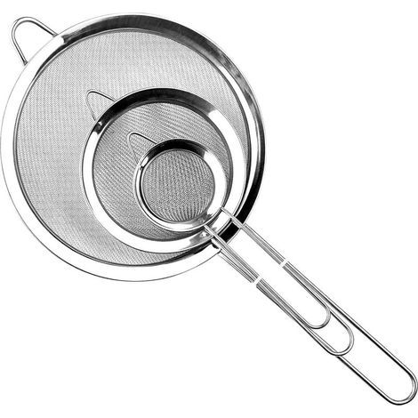 3 Pièces Passoire Inox, Tamis Cuisine avec Poignée, Métal Tamis Maille Fine, Filtre pour Égoutter Poudre, Quinoa, Blanc d'Oeuf (Argent), 31.515.5cm (1/4)
