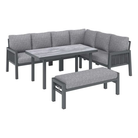 Salon de jardin encastrable 8 personnes coin repas extérieur table en verre fer galvanisé corde tresse PE canapé banc gris (1/5)