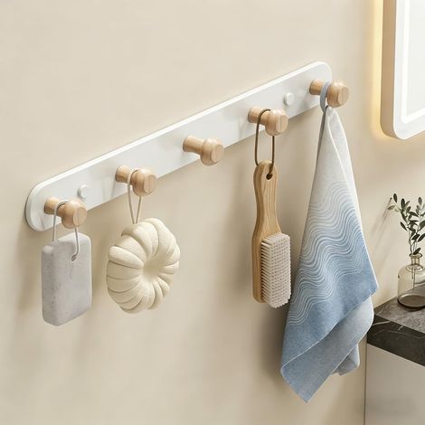 Patère murale avec 5 crochets en bois - Porte-manteau mural en bois - Pour chambre d'enfant, salon, couloir - Beige (1/5)