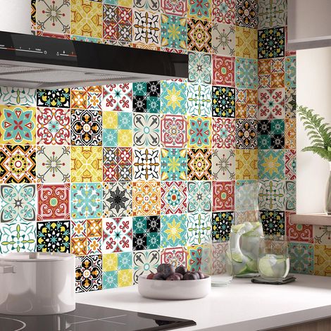Sticker Mural Carrelage adhésif Cuisine Salle de Bain - 24 STICKERS CARREAUX DE CIMENT AZULEJOS FRIPINIO - 24stickers10x10cm (1/5)