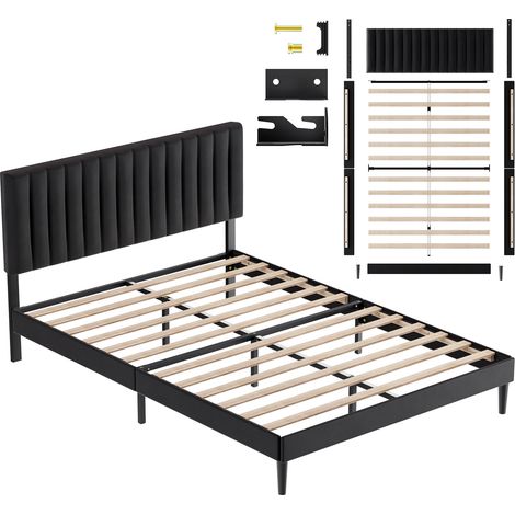 Cadre de lit double 140×200cm, lit adulte, complet avec tête de lit rembourrée réglable, 12 sommier lattes en bois massif, noir