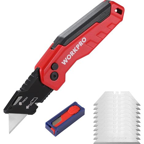 WORKPRO Cutter Professionnel Pliant, Cutter Utilitaire avec Mécanisme de Changement Rapide & Verrouillage de Boutton, Cutter Rouge avec 13 Lames SK5 Supplémentaires, Idéal pour Coupe (1/5)
