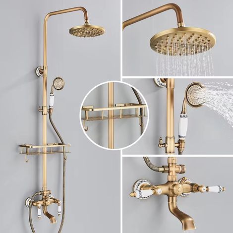 Colonne de douche en laiton antique, robinetterie de douche avec étagère de rangement, Douche à effet pluie avec douchette et bec de baignoire (1/5)