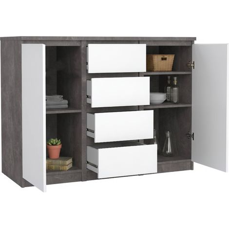 Dmora - Credenza Angelika, Buffet da soggiorno, Madia da salotto, Dispensa da cucina, 121x50 h91 cm, Cemento e Bianco lucido