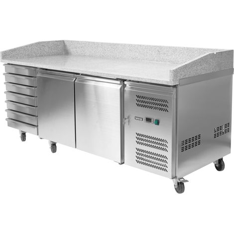 Comptoir réfrigéré pour pizzas à 2 portes, 7 tiroirs et plan de travail en granit, plage de température de -2 à +8 °C, 215 W, 580 L (1/5)