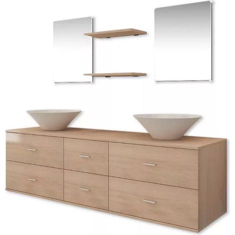 Meuble de salle de bain 9 pièces bois laqué beige Val (1/5)