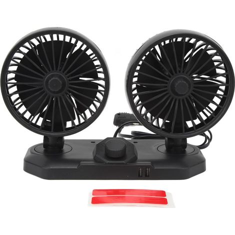 Ventilateur de voiture double tête 12V, 2 vitesses réglables, rotation 360°, vent fort et silencieux, interface double USB pour refroidissement auto. (1/5)