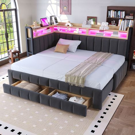 Lit banquette 90x200 cm extensible jusqu'à 180x200 cm avec 2 tiroirs, rangements et LED, en velours, gris (1/5)