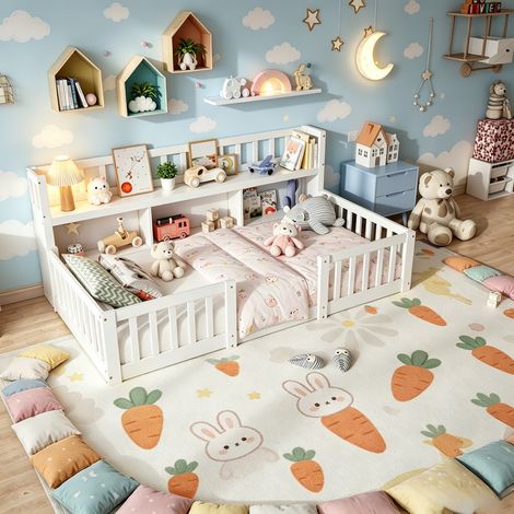 JOOKGBD-Montessori-Kinderbett 90x200cm mit Sicherheitsgeländern, Massivholzbett mit 3 offenen Ablagefächern am Kopfteil, für Kinder von 3 bis 12 Jahren, Massivholz, Weiß
