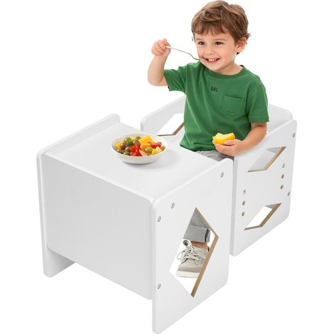 Ensemble Table et Chaises pour Diversification Autonome Enfants, Mobilier pour DME en Bois, Table de d'Activités pour Enfants, Hauteur Réglable, pour Dessiner Lire Manger, Tout-petits, Blanc (1/5)