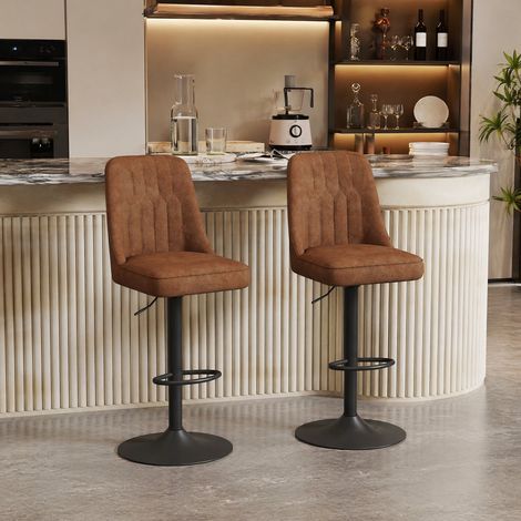 Set di 2 sgabelli bar regolabili, girevoli 360°, tessuto tecnico marrone, metallo nero (1/5)