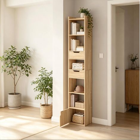 Libreria 33x24x181 cm in legno rovere chiaro con contenitori FloraGrace (1/5)