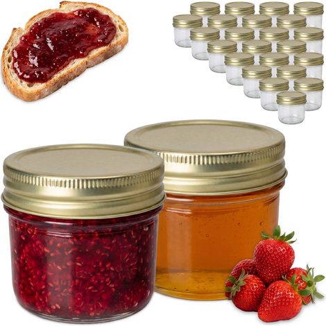 Relaxdays Barattoli per conserve, set 25 pz, 120 ml, coperchio twist-off, per marmellate, trasparente/oro