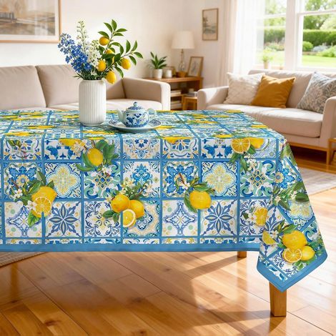 Tischdecke rechteckig 152x304 cm mit Zitronenmuster, blau, waschbar