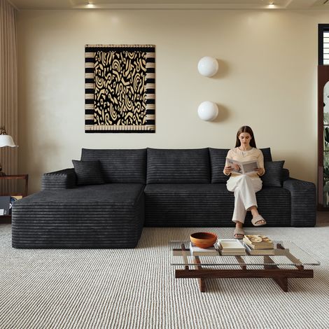 Canapé d'angle gauche modulaire compressé en velours côtelé,Sans assemblage,Mousse haute densité,Design moderne,270x175x83cm,Noir