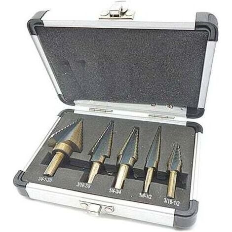 PA Aiperq 5-teiliges Stufenbohrer-Set, Stufenbohrer, mit professionellem Aluminiumkoffer, Sechskantschaft, mit selbstzentrierender Platte, für präzises Bohren in Stahl und Metall (1/4)