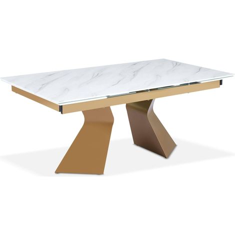 Table à Manger Extensible en Verre Effet Marbre Blanc et Pieds Or (1/4)