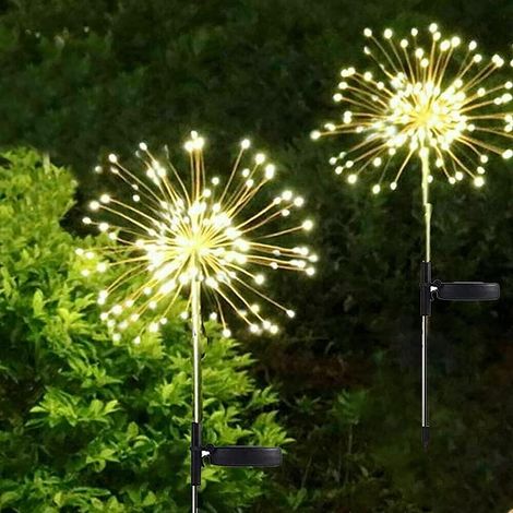 MINKUROW Solarleuchte für Garten im Freien, 2er Set 120 LED Solar Feuerwerk Gartendekoration, Solar Gartenpfahl Lichter Löwenzahn Wasserdichte Gartenbeleuchtung für Rasen Balkon Terrasse Dekoration (W (1/5)