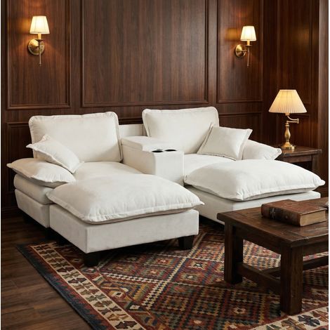 Canapé modulaire 224x151x90 cm beige en chenille avec USB, rangement, porte-gobelets et ottomanes (1/5)