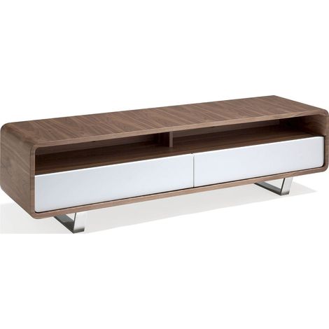 Buffet TV bois noyer avec deux tiroirs laqués brillant pieds acier inoxydable - Marron (1/5)