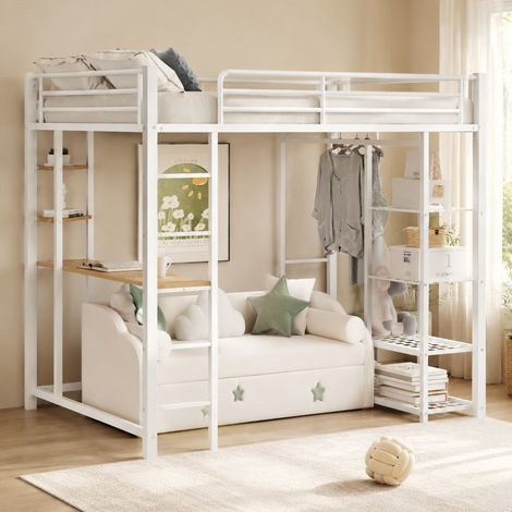 CHICFURN Cama alta infantil 90x200 metal/MDF blanca con escritorio y almacenaje (1/5)
