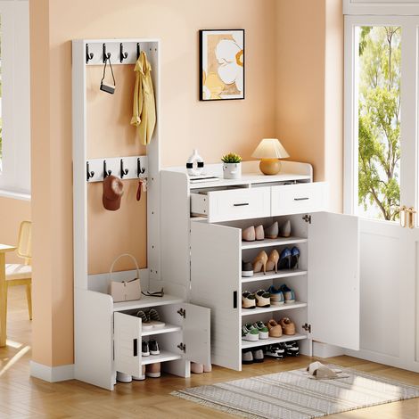 Ensemble de rangement d'entrée avec meuble à chaussures, 2 tiroirs, 2 portes, 6 tablettes et 8 patères. Parfait pour hall et couloir, blanc, 125 x 36 x 165 cm. (1/5)