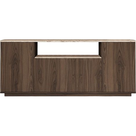 Credenza 4 ante e 1 ripiano Naturale scuro ed effetto travertino beige - LOTULA